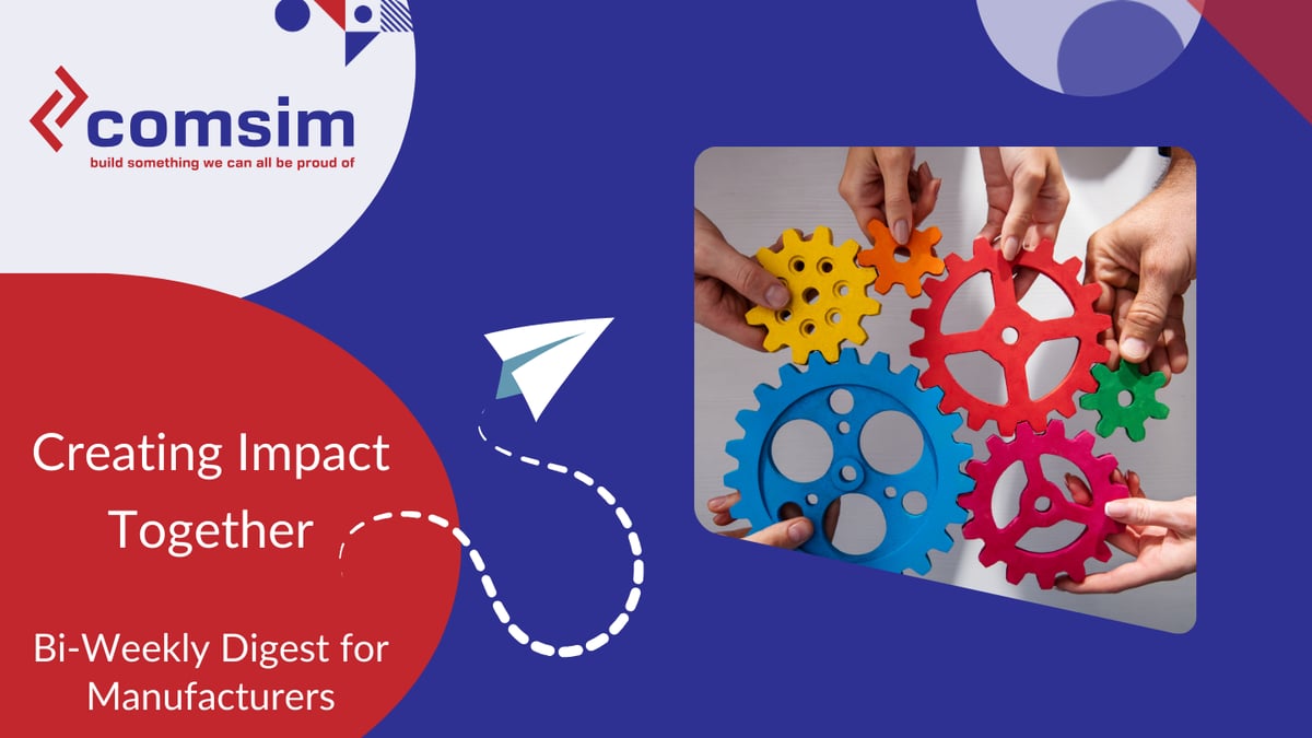 Comsim email banner: creating impact together, teamwork of businesspeople work together and combine pieces of gears. Partnership and integration concept.  