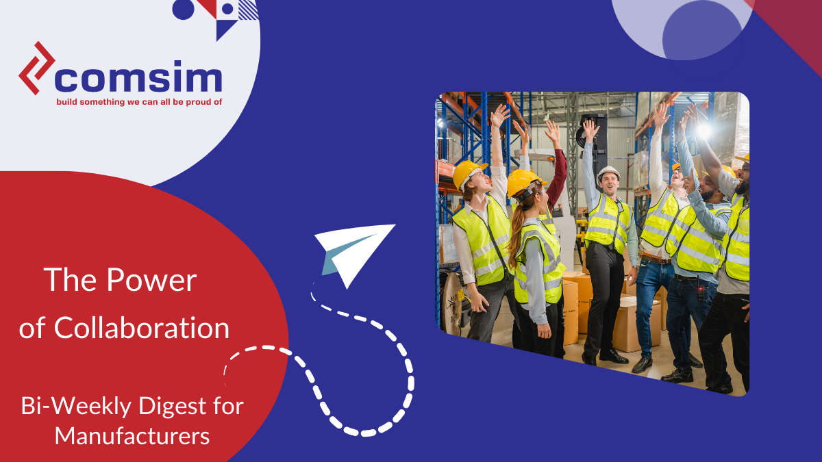 Comsim email banner highlighting the power of collaboration, showing a team celebrating in the workplace