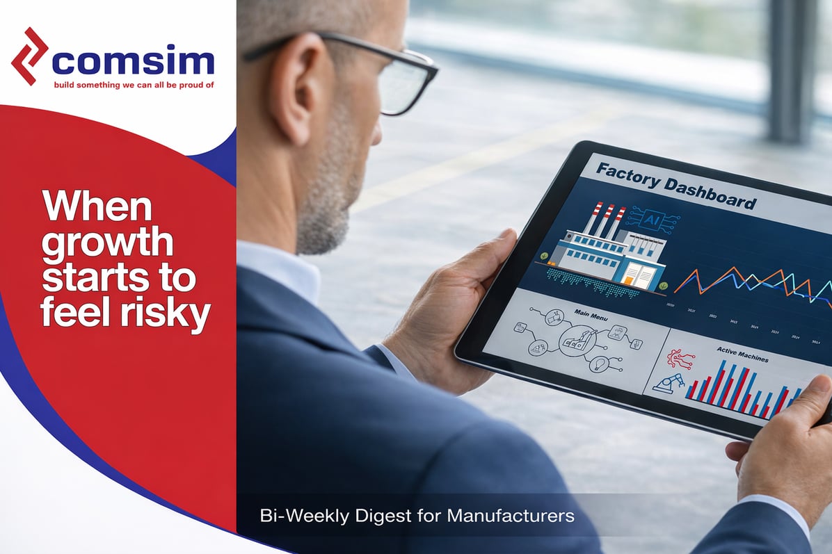 Senior manufacturing leader reviewing a factory performance dashboard on a tablet, representing controlled growth through integrated systems.
